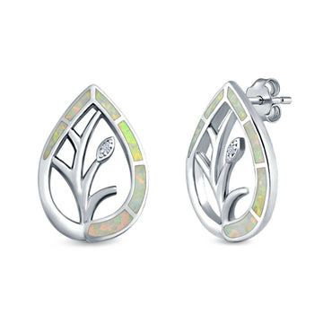 Pear Shape Stud Earrings Lab Created White Opal Simulated CZ 925 Sterling Silver